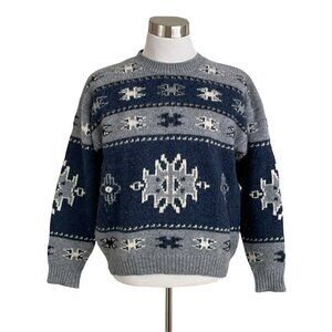 Woolrich Vintage Men’s Sweater Denim Blue Wool Southwestern Tribal Knit Sz LG